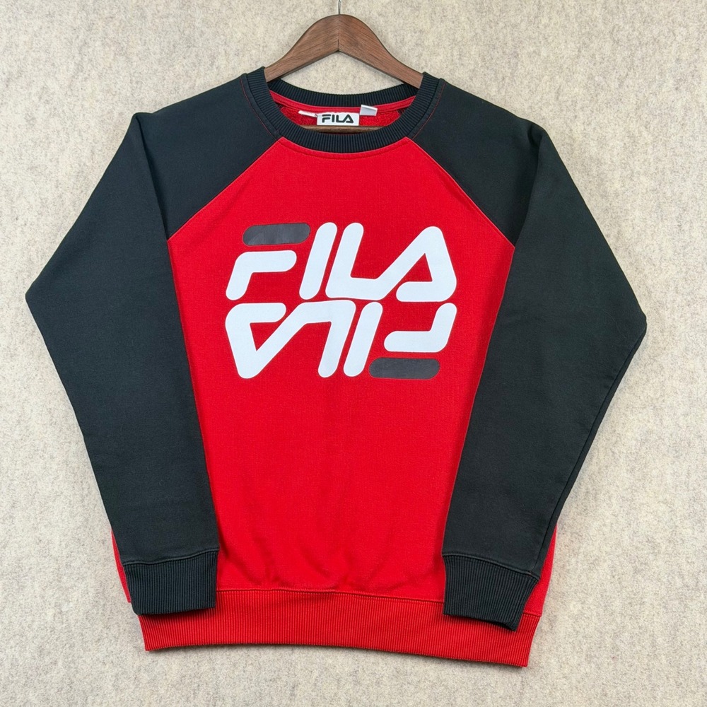 Fila Raglan Sweater Red Black Graphic Logo Pullover L Streetwear Sporty Y2K